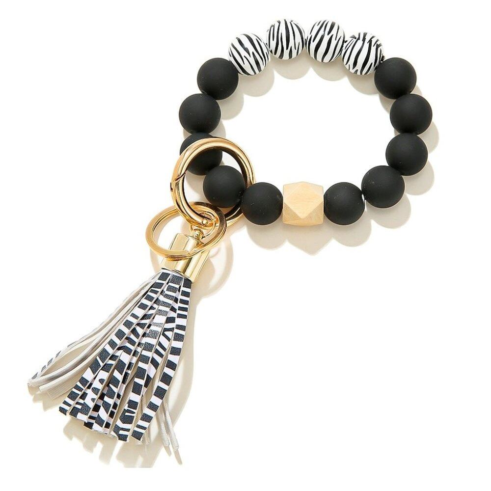 Wooden Animal Print Bracelet Keychain Purse Charm Zebra